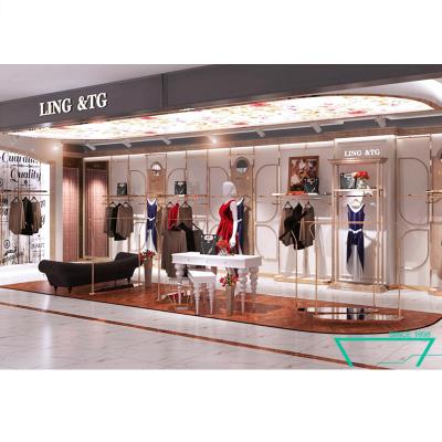 China Lady's Clothing Store Wall Furniture Rose Gold Rack Women Clothing Display Fitting Showcase Clothes Display Rack Gold for sale