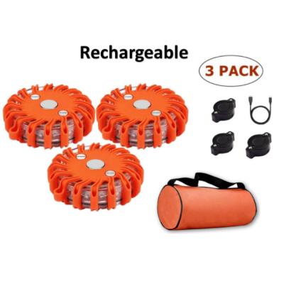 China With Strong Magnet 3 Packs 16pcs Roadside Rechargeable Traffic Flare Lamp Flasher Warning Set Led Road Safety Strobe Light Magnet Base Beacon Flare for sale