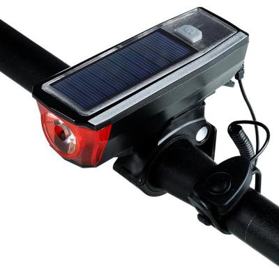 China Waterproof Rechargeable Solar 2 in 1 Bike Front Lamp with Waterproof Shakeproof Horn Working 4 Modes for sale