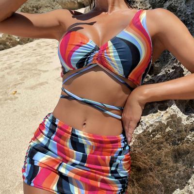 China Lift Up Bikini Swimsuit With Skirt Cover Up Sets For Women One Shoulder Print Bandage Three Piece Print Swimsuit for sale