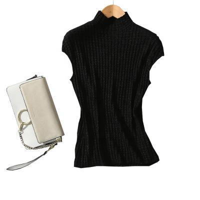 China New Breathable Pure Color Pleated Diamond Lattice Half High Collar Knit Top for sale