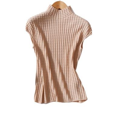 China New Breathable Sheer Color Pleated Diamond Lattice Half High Collar Knit Women's Tank Tops for sale