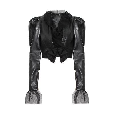 China New Breathable Ruffle Mesh Mosaic Bow Slim PU Leather Jackets For Women for sale