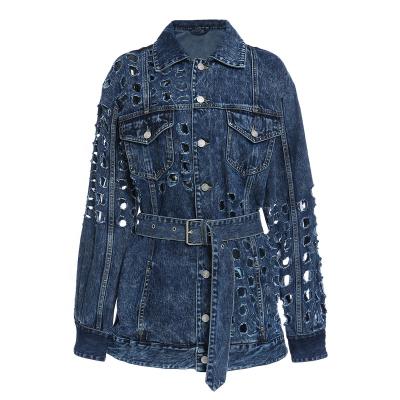 China Breathable Loose Style Jeans Jacket With Asymmetrical Hole Craft Denim Jackets For Ladies for sale