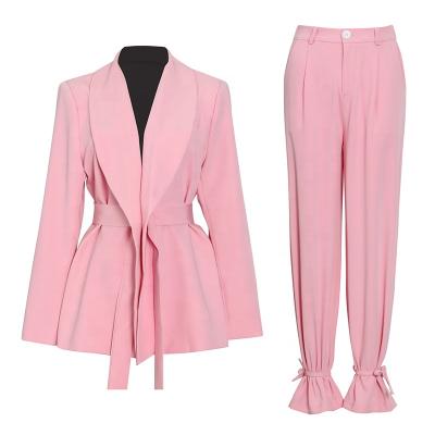 China Anti-Wrinkle Spring Pink Blazer Set Long Sleeve With Belt Puffy Pants With Bowknot Tunic Office For Women for sale