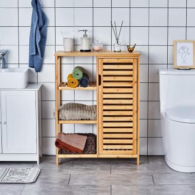 China Sustainable Bathroom Storage Cabinets With Doors And 3 Side Shelves Free Standing Bamboo Storage Cabinet Furniture for sale