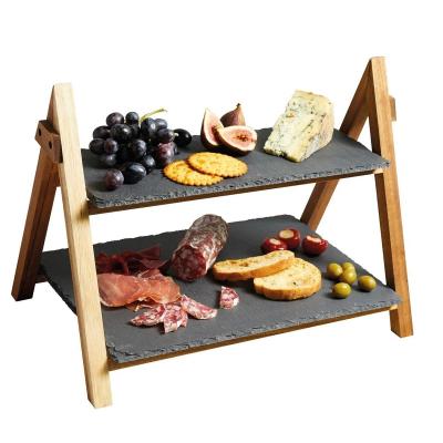 China Large Acacia Serving Bi-Tier Irregular Wholesale Modern Wooden Tray and Slate Rack for sale