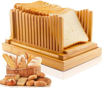 China Sustainable Foldable Adjustable Bamboo Bread Slicer With Knife Bread Crumb Catcher Tray for sale