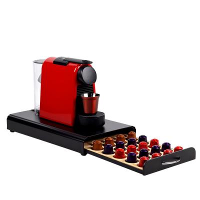 China Stocked Stainless Steel And Wooden Coffee Capsule Holders 32pcs Capsule Pods Storage Drawer With Handle for sale