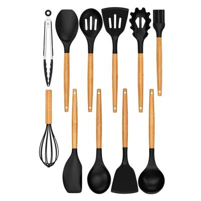 China Sustainable 11pcs Silicone Cookware Nonstick Silicone Kitchen Utensil Set With Wooden Handle for sale