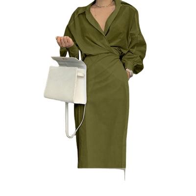 China 2023 Anti-wrinkle springShoulderv neck women dress lapel long sleeve sWomen dress for sale