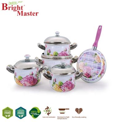 China Sustainable Cookware 9pcs Sets With Nonstick Enamel Casserole And Fry Pan for sale