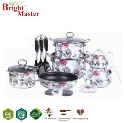 China Sustainable High Quality 19 Pcs Enamel Cookware Set With Kitchenware Tools for sale