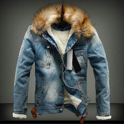 China Blue Single Breasted Casual Fur Denim Coat Cotton Thickened Side Pockets Solid Color Seam Viable Winter Autumn Casual Jacket For Men for sale