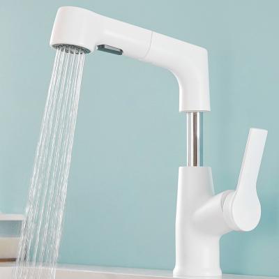 China Pull Out White Multi-Function Spray Rotation Pull Free Faucet Flexible Hose Pull Out Basin Faucet Bathroom Kitchen Hot Cold Water Mixer for sale