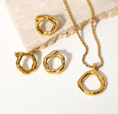 China Minimal Luxury Circle Pattern Ring Earring Necklace Stainless Steel Gold Textured /Tiny /Fancy Jewelry Set For Women for sale