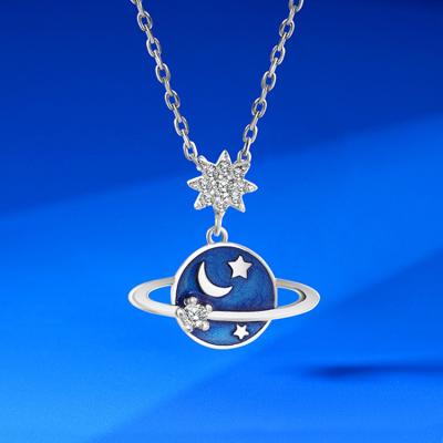 China Fancy Blue Micro Paved Zircon Planet Sterling Silver Pendent Necklace For Girls Hypoallergenic Precious Wholesale Tasty /Fashionable Women's 925 Sterling Silver for sale