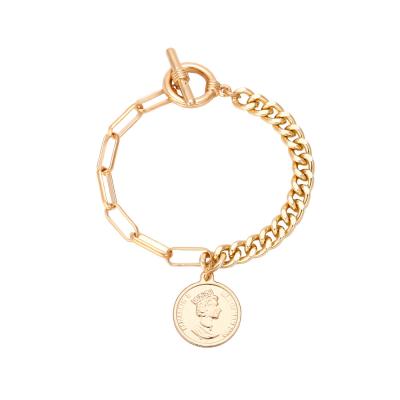 China Mixed Chic Vintage 14k Gold Plated Oval Chain Links Women Coin Charm Paper Clip Bracelet for sale