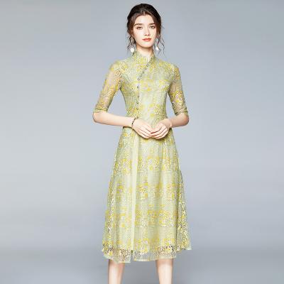 China Summer Anti-Static Vintage Spring Half Sleeve Lace Up Cheongsam Midi Cocktail Dress for sale