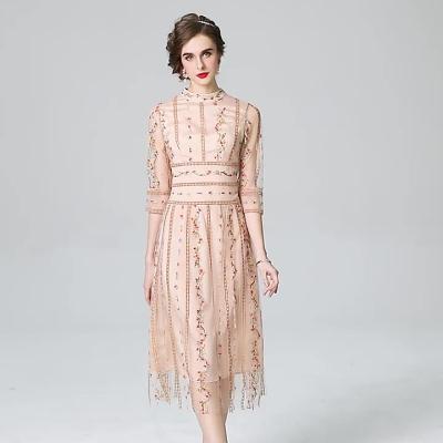 China Spring Style Anti-static Elegant French High End Stand Collar Long Sleeve Embroidered Floral Lace Dress for sale