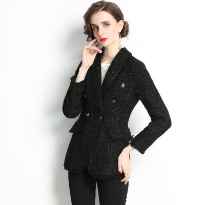 China Lady Autumn Winter Double Breasted Slim Office Lady Tweed Blazer Breathable Stylish Black Tracksuit for sale