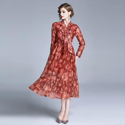 China Anti-Static Elegant Mature High End Neck Ladies Long Sleeve Bowknot Embroidered Floral Lace Ruched Casual Dress for sale