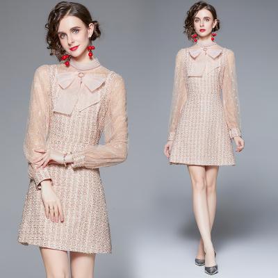 China Celebrity Anti-Static Simple Elegant Stand Collar Long Sleeve Bowknot Lace Up Tulle Spliced ​​Tweed Mini Dress for sale