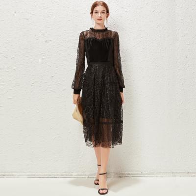 China Anti-Static Women's Autumn French Style Elegant Long Sleeve Stand Collar Ruched Velvet Spliced ​​Embroidered Lace Tulle Dress for sale