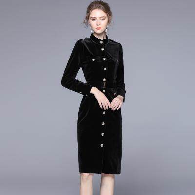 China Autumn Winter Womens Stand Collar Single Breasted Anti-Static Long Sleeve Belted Office Lady Velor Pencil Dress Anorak With Lining for sale