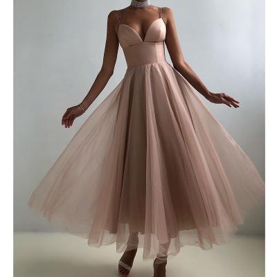 China Summer anti-static spaghetti strap Tulle spliced ​​cup padded fairy high waist dress solid french cancan style for sale