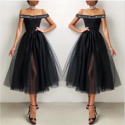 China Summer Unique Mature Elegant Anti-Static Off Shoulder Black Simple Rhinestone Tulle Flare Midi Net Evening Dress for sale