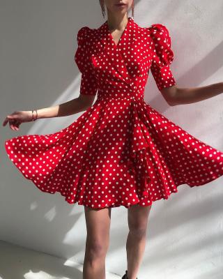 China French Polka Dot Flare Skater Dress 2021 Sale Ladies Puff Sleeve Summer V-Neck Slim Waisted Anti-Static Hot Crop Top for sale