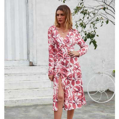 China Anti-Static Floral Wrap Long Sleeve Slit Exclusive Asymmetrical Midi Dress With Deep Plunge for sale