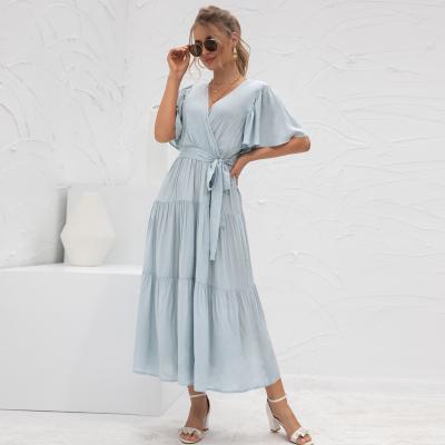 China Anti-Static Ladies Plain Bell Sleeve Casual Fashion V-Neckline Short Sleeve Fashion Large Asymmetrical Flare Wrap Midi Maxi Dress for sale