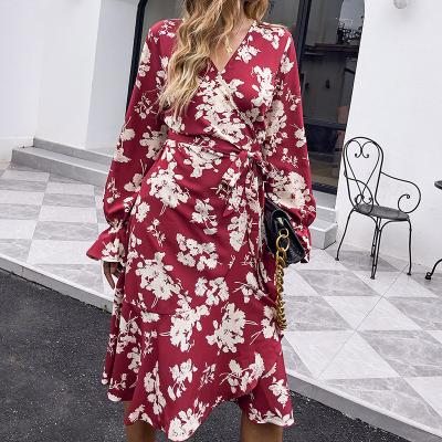 China Anti-Static Women's Elegant Long Sleeve High Waist Red Floral Wrap And Tie Casual Midi Dress for sale