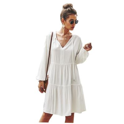 China 2021 Amazon Hot Selling Anti-Static Women's Long Sleeve V-Neckline Ruched Tiered Wrap And Tie Casual Fitted Dress for sale