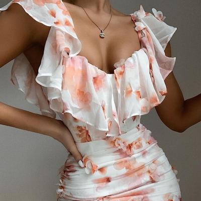 China Anti-Static Women Pencil Casual Dress Soft Floral Chiffon Off Shoulder Ruffle Ruched Sheath Mini Cup Dress for sale