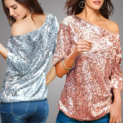 China Anti-Pilling Autumn Half Sleeve T-Shirt Women Solid Sequin One Shoulder Blouse for sale