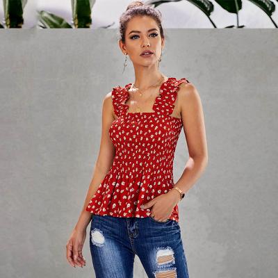 China Anti-pilling Soft Sleeveless Floral Smocked Summer Tank Top Woven Printed Blouse for sale