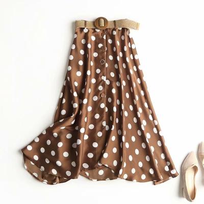 China Anti-Static Plain Satin Polka Dot A Line Placket Buttoned Up Skirts With Belt for sale