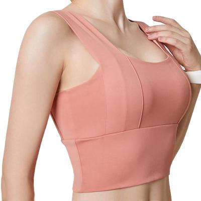 China Hot Sale Breathable Tulle Contrast Sports Bra Cross Cavity Push Up Double Mesh Yoga Bra Spaghetti Strap Contrast Shape Wear for sale