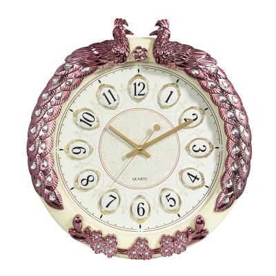 China Luxury style decorative antique antique wall clock decorative colorful plastic peacock for sale