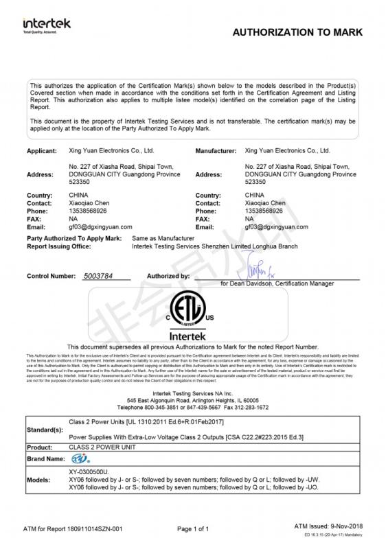 ETL - Dongguan Shenshar Led Lighting Co., Ltd.