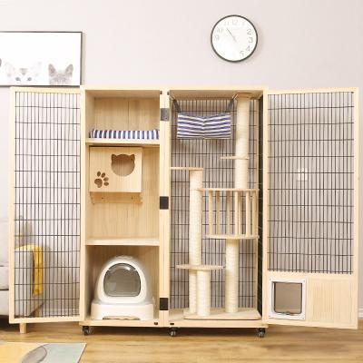 China Large 3 Layers Villa Sustainable Wooden Indoor Dwelling Cat Cages With Litter Box Bathing Large Boarding Steel Wooden Cage For Cat for sale