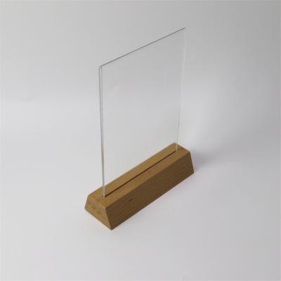 China Eco-friendly A4 A5 A6 Plexiglass Countertop Display With Wood Base Price Tag Menu Office Table Brochure Paper Sign Holder Acrylic Poster Holder for sale