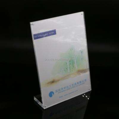 China Clear Magnetic Durable Countertop A4 POP Vertical Slanted Acrylic Displays L Shape Acrylic Sign Holder for sale