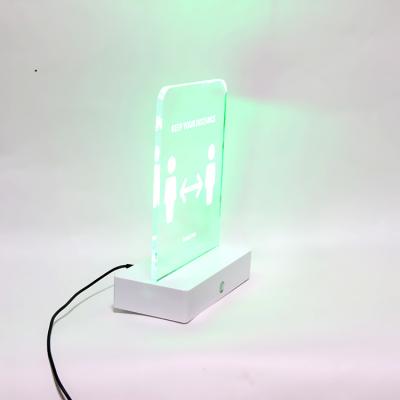 China Auto Sensor DC Powered Smart Clear Acrylic Table Top Social Distancing Reminder Led Sign for sale