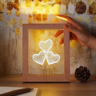 China Asian Home Christmas Decoration 3D Illusion Photo Night Lamp Led Solid Wood Frame Wood Night Light for sale