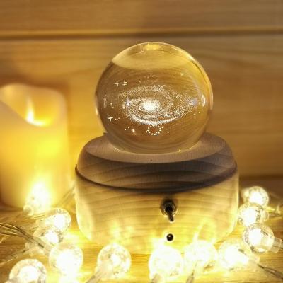 China Traditional 3D Crystal Ball Music Box Luminous Rotating LED Light Wood USB DC5V Low Charging Wooden Base for sale