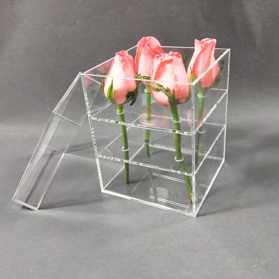 China Inner layer can not be moved flower pot flower vase 4 holes artificial flower custom clear acrylic display box with lid for gift for sale